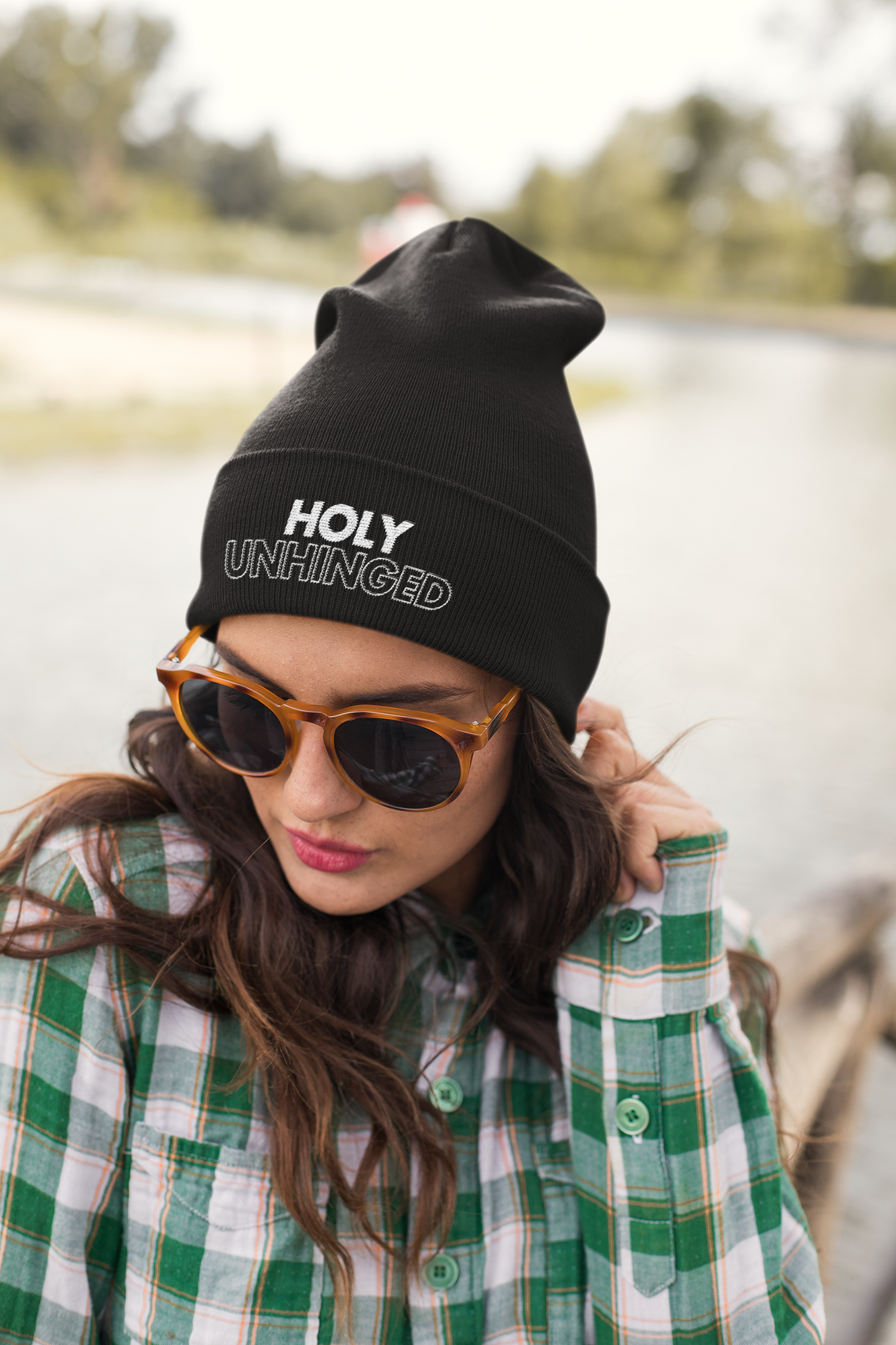 HOLY UNHINGED Embroidered Beanie – Bold Faith-Based Winter Hat